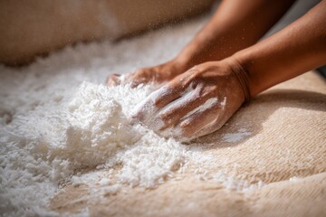 Hands kneading flour on a light beige surface
