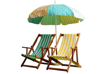 Two Beach Chairs Under a Colorful Umbrella - Summer Vacation Relaxation on White Background