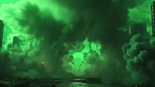 In a futuristic city under attack, damaged buildings explode toxic gas swirl across the skyline, depicted against a bright green background for visual clarity.