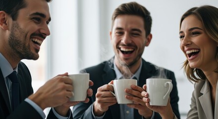 Happy People Laughing Holding Coffee Cups Business Meeting.