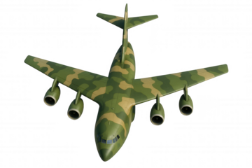 Overhead View of a Camouflaged Military Transport Aircraft with Four Engines and Distinct Green and Tan Pattern