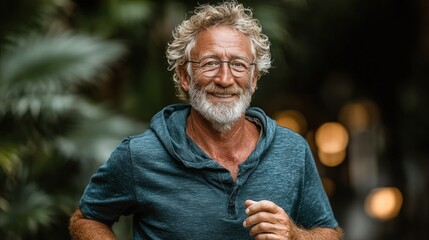 Smiling senior man in a teal running top outdoors, blurred background of greenery