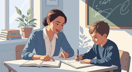 Focused Learning: Teacher Guiding Student in Classroom