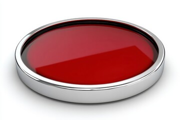 Round red button with metallic frame.