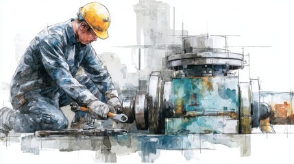 A worker in a helmet repairs a large valve, showcasing the blend of industry and craftsmanship in a watercolor style.