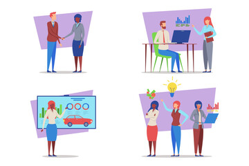 Professionals engaged in various activities including handshakes, discussions, presentations, and problem-solving within vibrant work environment. Teamwork and collaboration concept