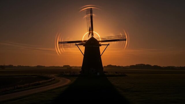 Silhouette of a windmill with spinning blades against a sunset.