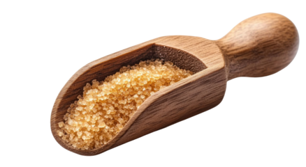 brown sugar in wooden scoop on transparent background.