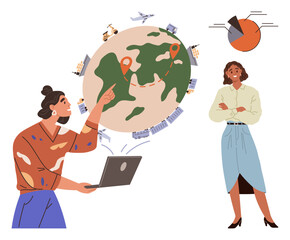 Professional using laptop points at a world map with transport, pins, and buildings another reviews a pie chart. Ideal for teamwork, data analysis, planning, business, logistics, strategy global © robu_s