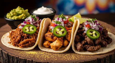 Assortment of Gourmet Tacos: Beef, Chicken, and Pulled Pork on Rustic Board
