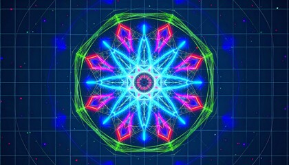 Mesmerizing Neon Mandala with Geometric Precision on a Grid Background, Abstract Geometric Art: Vibrant Colors & Intricate Design