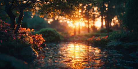 Serene garden scene illuminated by golden sunlight and gentle stream