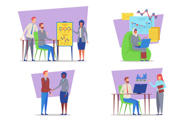 Professionals engaged in various activities in modern office setting, including presentations, negotiations, and data analysis. Cooperation and productivity concept