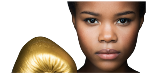 Determined African American Woman with Golden Boxing Glove