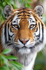 tiger in dense jungle looking directly at camera, intense stare