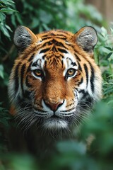 Fototapeta premium tiger in dense jungle looking directly at camera, intense stare