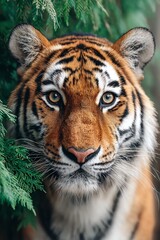 Fototapeta premium tiger in dense jungle looking directly at camera, intense stare