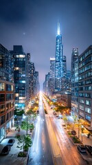 City street at night with tall buildings