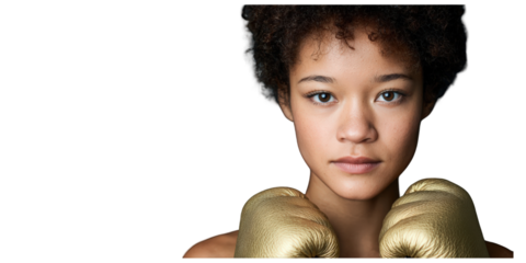 Strong Woman Boxer with Gold Boxing Gloves on White Background