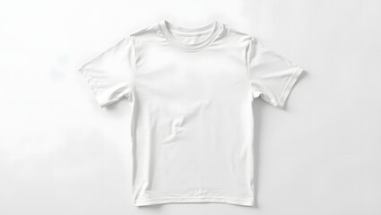Plain white crew neck t-shirt mockup on a clean background. Blank cotton apparel template for design presentation, flat lay top view.