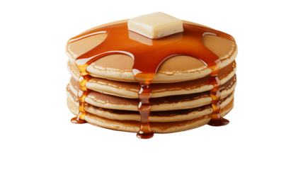 Golden pancakes drizzled with maple syrup and topped with butter for a sweet breakfast treat