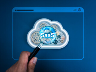SaaS, software as a service, offers software access online, technology concept. Text 