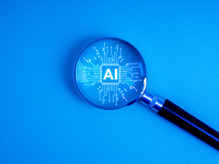 AI agent, data analytics, efficiency searching tools, machine learning and deep learning, advance solutions technology concept. AI chip in magnifying glass lens, isolated on blue background.