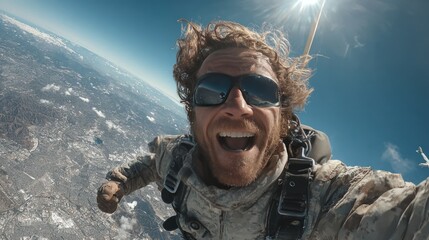 A skydiver, smiling broadly, enjoys a jump, with a vibrant blue sky and the landscape spread below