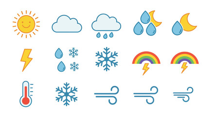 Collection of colorful weather forecast icons. A set of flat style graphic effect elements for meteorology and climate design.