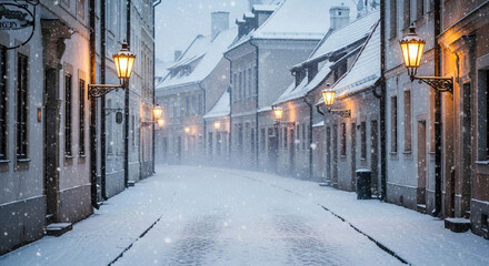 Quaint Old European Street Covered in Fresh Snow with Ornate Gas Lamps at Dusk