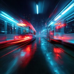 City trams at night with vibrant light trails