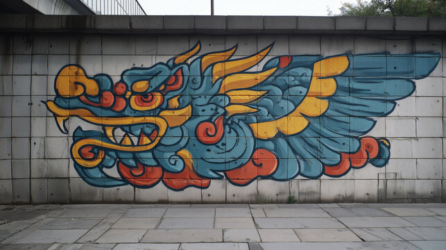 A stylized, graffiti art version of the mythical Korean creature, Haechi. The Haechi is spray-painted in bold, bright colors on a clean, modern concrete wall, blending urban art with tradition.