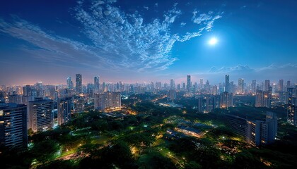 Cityscape at twilight with moonlit clouds
