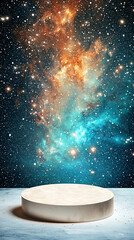 Blank podium mockup in futuristic style. A cosmic scene with a circular platform and vibrant nebula background filled with stars.