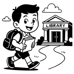 Happy Boy Walking to Library with Book - Education and Learning Concept