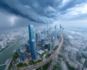 Cityscape under a stormy sky