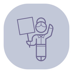 Simple line art depiction of woman standing and waving while holding blank sign