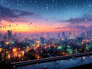 Cityscape view through rainy window