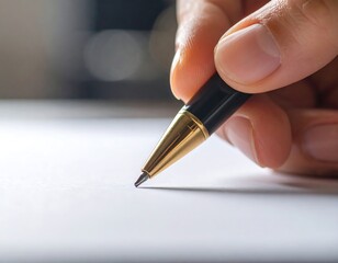 Close-up image of a hand holding a pen ready to write on a blank paper document