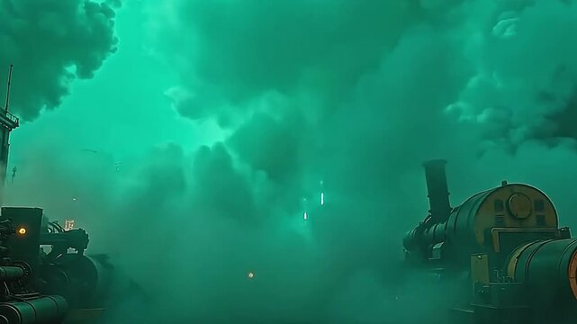 indium ampere hacker city, machinery irrupt steamer explosion vista intermittently, the vaporisation obnubilate disjunct clear along ampere greenness stage for post-production.