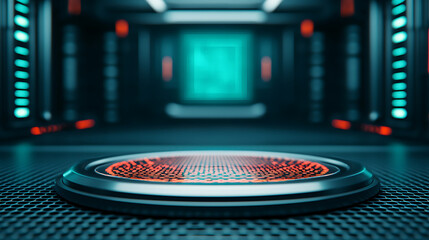 Blank podium mockup in futuristic style. Futuristic sci-fi interior with glowing accents and a central platform.