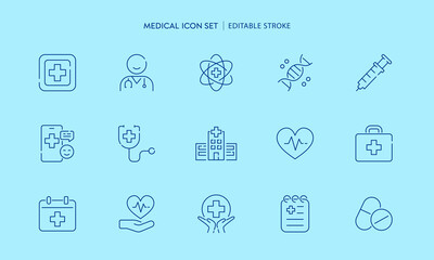 Medical healthcare treatment icon set include Doctor, DNA genetic, Syringe, Hospital, Pulse rate, Prescription, Remote treat application for health care science editable stroke outline icons.