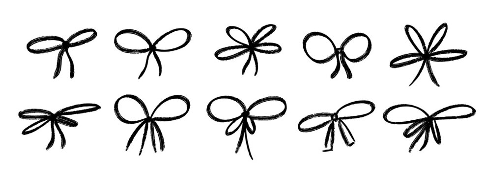 Crayon hand drawn bow collection. Black doodled ribbon bows set. Textured brush stroke scribbled elements pack for gift, present, package decoration. Sketched chalk pastel tied knots bundle. Vector