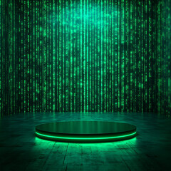 Blank podium mockup in futuristic style. Futuristic stage with digital rain backdrop and glowing circular platform.