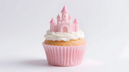 Baby Pink Cupcake with Miniature Frosting Castle on Top, Fantasy Food Concept Isolated on Pure White Background, Whimsical Dessert Design with Magical Pastel Aesthetic