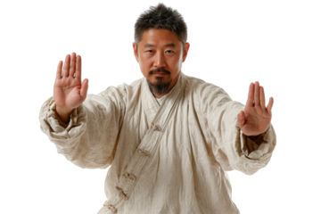Man Practicing Tai Chi on White Background - Martial Arts, Traditional Chinese Exercise, Meditation and Wellness