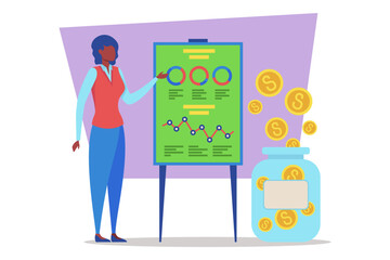 Professional discussing financial growth metrics beside chart showing data visualizations. Coins in jar indicating focus on savings and investment strategies