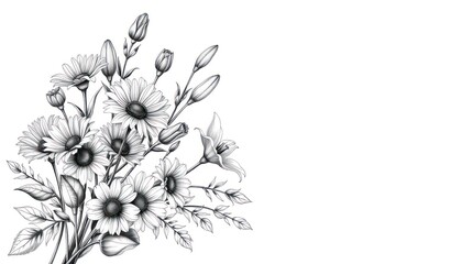 Elegant botanical composition with daisies and lilies in grayscale drawing