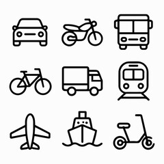 Outlined Transportation Icons Representing Various Modes of Travel.