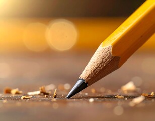 Close-up of a sharpened yellow pencil with shavings on a wooden surface detail